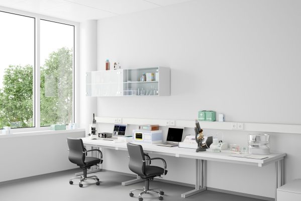 Workplace background with table and chair and computer